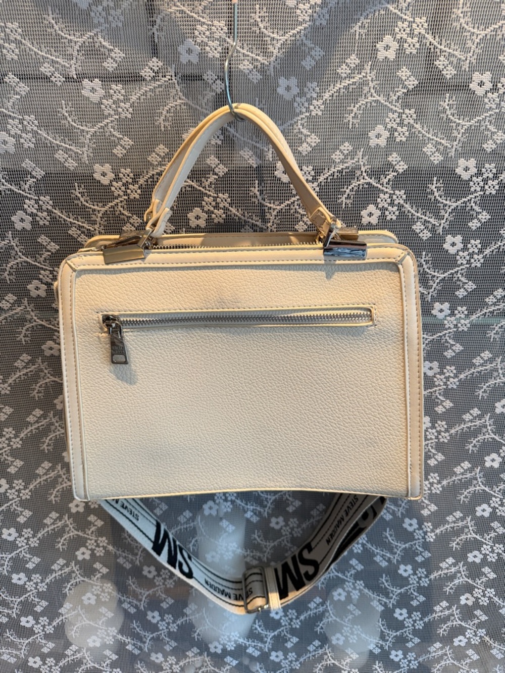 Steve Madden Cream Embossed SM Logo Satchel with Branded Strap - Picture 2 of 8